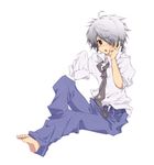  1boy bad_id barefoot child feet lag_seeing male male_focus necktie on_(snow77) pants shirt short_hair simple_background sitting solo tegami_bachi toes white_background 