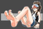  barefoot baseball_cap blue_eyes blush brown_hair denim denim_shorts feet hat legs long_hair looking_to_the_side pokemon pokemon_(game) pokemon_bw ponytail pov_feet shorts sitting soles solo sweatdrop toes touko_(pokemon) upset vest wiggling_toes wristband yuzu_gin_(pika97) 