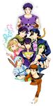  6+boys black_hair blue_hair giorno_giovanna green_hair hat higashikata_jousuke higashikata_jousuke_(jojolion) highres johnny_joestar jojo_no_kimyou_na_bouken jojolion jonathan_joestar joseph_joestar_(young) kuujou_jolyne kuujou_joutarou multiple_boys purple_hair ricchi_(star44) steel_ball_run 