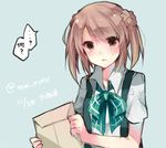  artist_name bad_id bad_pixiv_id blush bow bowtie brown_eyes brown_hair dated double_bun ikeuchi_tanuma kantai_collection michishio_(kantai_collection) solo suspenders translated twintails twitter_username 