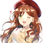  1girl ;d bang_dream! beret blush brown_hair chromatic_aberration earrings finger_to_mouth fur_trim green_eyes gumi_(framboise_5204) hat heart highres imai_lisa index_finger_raised jewelry long_hair long_sleeves looking_at_viewer one_eye_closed open_mouth red_hat shirt smile solo sparkle upper_body white_background 