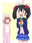  animal_costume animal_ears black_hair blazer bow bunny_costume bunny_ears carrot flying_sweatdrops hair_bow jacket love_live! love_live!_school_idol_project miyako_hito multiple_girls nishikino_maki open_mouth otonokizaka_school_uniform red_hair school_uniform twintails yazawa_nico |_| 