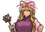  blonde_hair bow breasts clenched_hand commentary flail hair_bow hat hat_ribbon highres holding large_breasts long_hair mace mob_cap morning_star nameo_(judgemasterkou) purple_eyes ribbon simple_background sketch solo touhou upper_body weapon white_background yakumo_yukari 