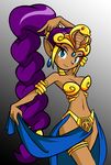  1girl alternate_costume alternate_hairstyle armor bikini_armor blue_eyes braid breasts cleavage dancer dark_skin earrings eyelashes forehead_jewel hair head_tilt jewelry loincloth long_hair looking_at_viewer lots_of_jewelry matt_bozon midriff navel neck_ring official_art pointy_ears ponytail purple_hair shantae shantae:_risky&#039;s_revenge shantae:_risky's_revenge shantae_(character) showgirl_skirt simple_background single_braid slender_waist smile solo tiara very_long_hair wayforward 