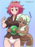  2girls awa blue_eyes blush braid chuchumy copyright_name dark-skinned_female dark_skin eyelashes facial_mark fish forehead_mark goldfish green_hair green_legwear green_panties grey_panties gundam gundam_g_no_reconguista leaning_forward long_hair multiple_girls navel noredo_nug open_mouth panties parted_bangs pink_eyes pink_hair raraiya_monday school_uniform short_hair short_sleeves sleeveless thighhighs translated twin_braids underwear 