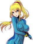  :d aqua_eyes bangs blonde_hair bodysuit bracer breast_hold breasts covered_navel floating_hair gem gloves hair_between_eyes head_tilt high_ponytail highres impossible_bodysuit impossible_clothes kukua_(mosushi) large_breasts long_hair looking_at_viewer metroid mole mole_under_mouth open_mouth parted_bangs ponytail samus_aran scrunchie sidelocks simple_background skin_tight smile solo super_smash_bros. swept_bangs turtleneck upper_body white_background zero_suit 