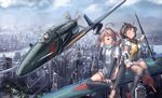  ahoge aircraft airplane akizuki_(kantai_collection) arm_warmers artist_name asagumo_(kantai_collection) ascot between_legs black_eyes black_hair bow brown_eyes brown_hair building city cityscape cloud doraxi fairy_(kantai_collection) flying gloves goggles goggles_on_head green_hair hair_bow hand_between_legs headband helmet high_heels highres holding horizon j7w_shinden kantai_collection long_hair microskirt multiple_girls one_eye_closed scenery shinden_(kantai_collection) short_hair signature skirt sky suspenders thigh_strap tree twintails water wind 