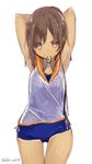  adjusting_hair armpits arms_behind_head arms_up brown_eyes brown_hair hairband_removed i-401_(kantai_collection) kantai_collection looking_at_viewer one-piece_swimsuit sailor_collar sakofu school_swimsuit school_uniform serafuku shirt short_hair solo swimsuit swimsuit_under_clothes tan twitter_username wet wet_clothes wet_hair wet_shirt wet_swimsuit wet_t-shirt white_background 