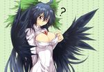  ? bird_wings black_hair bow breasts cleavage_cutout feathered_wings g_(desukingu) green_background hair_bow large_breasts long_hair meme_attire open-chest_sweater polka_dot polka_dot_background red_eyes reiuji_utsuho ribbed_sweater solo sweater third_eye touhou turtleneck wings 