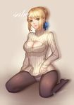  artist_name artoria_pendragon_(all) black_legwear blonde_hair blue_eyes breasts character_name citemer cleavage_cutout fate/stay_night fate_(series) green_eyes hair_bun hair_ribbon highres kneeling long_hair medium_breasts meme_attire no_bra open-chest_sweater panties panties_under_pantyhose pantyhose parted_lips ribbon saber see-through simple_background smile solo sweater underwear 