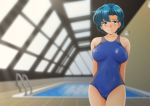  1girl bishoujo_senshi_sailor_moon blue_eyes blue_hair blue_swimsuit breasts breasts_apart cameltoe closed_mouth collarbone competition_swimsuit covered_navel covered_nipples cowboy_shot looking_at_viewer mizuno_ami nanashi_noiji one-piece_swimsuit rei_no_pool short_hair smile solo swimsuit 