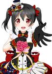  :d absurdres black_gloves black_hair bow bowtie buttons cafe_maid costume_request earrings flower gloves hair_bow hand_on_own_chest hat highres jewelry looking_at_viewer love_live! love_live!_school_idol_project open_mouth outstretched_arm red_bow red_eyes red_neckwear rose satoharu simple_background skirt smile solo treble_clef twintails uniform upper_body white_background white_skirt yazawa_nico 