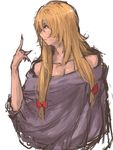  bare_shoulders blonde_hair breasts cleavage collarbone fingernails hair_down large_breasts long_fingernails long_hair nail_polish nameo_(judgemasterkou) no_hat no_headwear off-shoulder_sweater purple_eyes purple_nails solo sweater touhou yakumo_yukari 