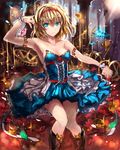  adapted_costume alice_margatroid armpits bare_arms bare_shoulders blue_dress blue_eyes boots collarbone cross-laced_footwear dress hairband looking_at_viewer rinaka_moruchi solo strapless strapless_dress touhou wrist_cuffs 
