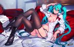  aqua_eyes aqua_hair arm_up black_legwear boots breasts breasts_outside cd_case collarbone couch crossed_legs garter_belt hatsune_miku high_heel_boots high_heels jjune long_hair looking_at_viewer medium_breasts nipples no_bra no_pants open_clothes open_shirt panties paper pen pillow shirt sitting smile solo striped striped_panties thighhighs twintails underwear very_long_hair vocaloid 