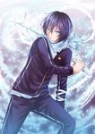  absurdres blue_eyes highres katana male_focus noragami purple_hair scarf solo sword track_suit weapon yato_(noragami) yoneyu 