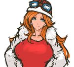  blue_eyes breasts earrings goggles goggles_on_head hands_on_hips helmet highres jewelry large_breasts long_hair mona_(warioware) nameo_(judgemasterkou) orange_hair smile solo warioware 