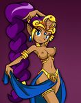  1girl alternate_costume alternate_hairstyle armor bikini_armor blue_eyes braid breasts cleavage dancer dark_skin earrings eyelashes forehead_jewel hair head_tilt jewelry loincloth long_hair looking_at_viewer lots_of_jewelry midriff navel neck_ring nipples nude_filter photoshop pointy_ears ponytail purple_hair shantae shantae:_risky&#039;s_revenge shantae:_risky's_revenge shantae_(character) showgirl_skirt simple_background single_braid slender_waist smile solo tiara very_long_hair wayforward 