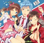  2boys bad_id bad_pixiv_id blue_eyes bow bracelet brown_hair fur_trim grin hair_bow haruka_(pokemon) heart highlights idol jewelry looking_at_viewer midriff multicolored_hair multiple_boys navel one_eye_closed open_mouth pokemon pokemon_(game) pokemon_oras ring short_hair showgirl_skirt sign silver_hair smile spoken_sweatdrop star sweatdrop tobari_(brokenxxx) tsuwabuki_daigo yuuki_(pokemon) 