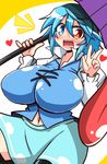 1girl :d absurdres blue_eyes blue_hair blush breasts collared_shirt commentary_request gigantic_breasts heart heterochromia highres huge_breasts impossible_clothes impossible_shirt juliet_sleeves karakasa_obake long_sleeves navel open_mouth puffy_sleeves red_eyes rindou_(p41neko) shirt short_hair skirt smile solo tatara_kogasa tongue touhou tunic umbrella w wide_hips 