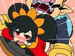  1girl ashley_(warioware) bad_id bad_pixiv_id black_hair blush brown_hair commentary_request dress dress_lift facial_hair fingerless_gloves gloves hetero mustache open_mouth red_eyes saka_i_hirokadu sex twintails wario warioware 