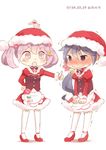  2girls akebono_(kantai_collection) apron bad_id bad_pixiv_id bell blush christmas ear_blush flower hair_bell hair_flower hair_ornament hat hinata_yuu jingle_bell kantai_collection multiple_girls pink_eyes pink_hair purple_eyes purple_hair santa_costume santa_hat sazanami_(kantai_collection) side_ponytail thighhighs thumbs_up trembling twintails 