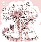  2girls ashido_mina bad_id bad_pixiv_id boku_no_hero_academia closed_eyes food josie-irie_(mosamosapanda) lowres mineta_minoru monochrome monster_girl multiple_girls pocky pocky_kiss school_uniform shared_food short_hair smile u.a._school_uniform uraraka_ochako 