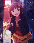  :d amami_haruka backstage brown_hair fingerless_gloves gloves green_eyes hair_ornament idolmaster idolmaster_(classic) idolmaster_million_live! jacket jpeg_artifacts official_art open_mouth smile solo v-shaped_eyebrows 