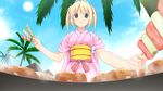  1girl blonde_hair blue_eyes food game_cg grill highres kagurazaka_namine koutaro long_hair palm palm_tree tropical_kiss tropical_vacation twinkle_(company) twinkle_soft 