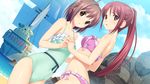  2girls brown_eyes brown_hair game_cg hand_holding highres kitami_minamo koigakubo_chihaya koutaro long_hair multiple_girls ponytail red_hair short_hair swimsuit tropical_vacation twinkle_soft 