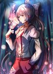  bad_id bad_pixiv_id bamboo bamboo_forest bow fire forest fujiwara_no_mokou hair_bow hand_in_pocket highres hizagawa_rau juliet_sleeves long_hair long_sleeves looking_at_viewer nature ofuda pants puffy_sleeves red_eyes shirt silver_hair solo suspenders touhou very_long_hair 