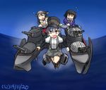  &gt;_&lt; :d animal_print arm_warmers black_hair closed_eyes collared_shirt dated flying_sweatdrops grey_eyes grey_hair haguro_(kantai_collection) hair_ornament hamu_koutarou haruna_(kantai_collection) hat headgear kantai_collection long_hair multiple_girls nontraditional_miko o_o ooshio_(kantai_collection) open_mouth pleated_skirt shirt short_hair short_twintails skirt smile suspenders turret twintails zebra_print 