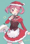  apron bunny cake food fork fuji_fujino hat kantai_collection pink_hair santa_costume santa_hat sazanami_(kantai_collection) strawberry_shortcake thighhighs 