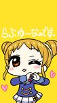  :&lt;&gt; ;o aikatsu! aikatsu!_(series) arisugawa_otome blush_stickers catchphrase chan_co chibi double_bun heart one_eye_closed short_hair solo translation_request yellow_background 