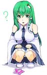  ? bad_id bad_pixiv_id breasts detached_sleeves frog frog_hair_ornament green_eyes green_hair hair_ornament hichiko kochiya_sanae large_breasts long_hair open_mouth panties pantyshot pantyshot_(squatting) power-up snake snake_hair_ornament solo squatting star touhou underwear 