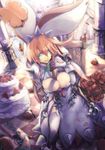  akahoshi_kenji aqua_eyes bouquet breasts cleavage cuffs dress elphelt_valentine flower food fruit garter_belt guilty_gear guilty_gear_xrd gun hat large_breasts pink_hair rose shackles strawberry thighhighs weapon wedding_cake zettai_ryouiki 