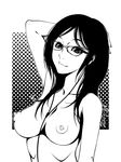  areolae breasts cable earbuds earphones fugetac glasses greyscale hand_in_hair highres large_breasts light_smile monochrome nipples nude original perky_breasts screentones smile solo 