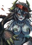  animal_ears black_hair breasts claws eyepatch eyepatch_removed fur grey_skin heart highres horns large_breasts messy_hair monster_girl monster_girl_encyclopedia paws sharp_teeth solo sud_(sudea) tail teeth tongue tongue_out ushi-oni_(monster_girl_encyclopedia) yellow_eyes 