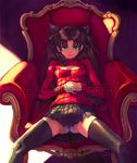  black_legwear boyaking breasts brown_hair cleavage cleavage_cutout copyright_name fate/stay_night fate_(series) green_eyes hair_ribbon long_hair long_sleeves looking_at_viewer meme_attire open-chest_sweater panties ribbed_sweater ribbon sitting skirt small_breasts smile solo spread_legs sweater thighhighs toosaka_rin turtleneck two_side_up underwear white_panties 