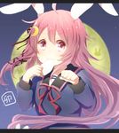  :3 ahoge animal_ears bunny_ears clenched_hand crescent crescent_hair_ornament eating food full_moon hair_ornament hair_ribbon harusawa holding holding_food kantai_collection letterboxed long_hair long_sleeves looking_at_viewer low-tied_long_hair mochi moon neckerchief night night_sky pink_eyes pink_hair ribbon sailor_collar school_uniform serafuku sky solo upper_body uzuki_(kantai_collection) wagashi 