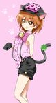  animal_ears black_gloves blush brown_eyes cat_ears cat_tail futari_wa_precure gloves hat highres kemonomimi_mode kurose_kousuke misumi_nagisa orange_hair panther_pink_(precure) precure short_hair shorts smile solo suspenders tail 