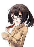  akizuki_(kantai_collection) bad_id bad_pixiv_id bespectacled black_eyes black_hair blush bowl chopsticks clothes_writing food glasses kantai_collection nekobaka open_mouth ponytail ribbed_sweater rice_bowl sausage solo sweater upper_body white_background 