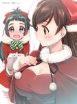  blush bow breasts cleavage_cutout dated fur_collar green_hair hair_ornament hairclip hand_on_own_chest irako_(kantai_collection) kantai_collection koruri large_breasts long_hair looking_at_viewer mamiya_(kantai_collection) multiple_girls open_mouth santa_costume sweatdrop twitter_username upper_body yellow_eyes 