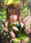  animal_ears breasts brown_hair deras green_legwear green_nails hair_ornament large_breasts lips long_hair looking_at_viewer nail_polish original sitting skirt solo thighhighs tree very_long_hair 