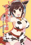  animal_ears animal_print bell bell_collar breasts brown_eyes collar cow_ears cow_horns cow_print elbow_gloves gloves headset highres horns idolmaster idolmaster_cinderella_girls large_breasts navel oikawa_shizuku open_mouth short_hair solo 
