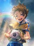  aofujiake ball blue_eyes brown_hair inazuma_eleven_(series) inazuma_eleven_go lightning_bolt male_focus matsukaze_tenma open_mouth raimon raimon_soccer_uniform rain rainbow soccer_ball soccer_uniform solo sportswear telstar 