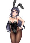  1girl absurdres angel_lingxing animal_ears black_hair black_legwear black_leotard black_neckwear bow bowtie breasts bunny_ears bunnysuit chinese_commentary cleavage commentary_request cowboy_shot detached_collar hand_on_hip highres leotard long_hair looking_at_viewer medium_breasts pantyhose purple_eyes sakurajima_mai seishun_buta_yarou simple_background solo standing strapless strapless_leotard white_background wrist_cuffs 