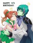  1girl back_bow bishoujo_senshi_sailor_moon blue_eyes blue_hair bondo_(pixiv) bow brooch brown_hair cape choker earrings elbow_gloves fiore_(sailor_moon) gloves green_choker green_eyes green_sailor_collar green_skin green_skirt hair_bobbles hair_ornament happy_birthday jewelry kino_makoto long_hair multicolored_hair one_eye_closed pink_bow pink_hair pointy_ears ponytail ribbon sailor_collar sailor_jupiter sailor_senshi_uniform short_hair skirt smile streaked_hair tiara two-tone_hair white_background white_gloves 