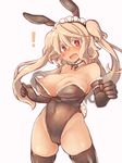  1girl animal_ears bare_shoulders black_gloves black_legwear blonde_hair blush breasts bunny_ears bunny_tail bunnysuit covered_navel cowboy_shot detached_collar elbow_gloves elsie-san_(oshiruko) full-face_blush gloves large_breasts long_hair looking_at_viewer maid_headdress nipples open_mouth original oshiruko_(tsume) red_eyes solo sweatdrop tail thighhighs twintails wardrobe_malfunction wavy_mouth 