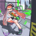  1girl bare_legs domino_mask female headphones inkling long_hair mask nintendo orange_eyes orange_hair shoes shorts sneakers solo splatoon tentacle_hair 